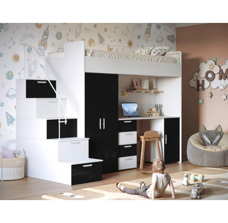 Patrová postel PARADISE 4S, Bílá Černá lesk Patrová postel PARADISE 4S, Bílá Černá lesk