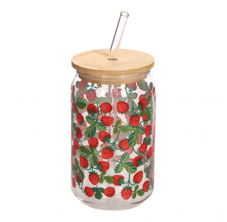 Sklenice s víčkem a brčkem Soleo 530ml jahody