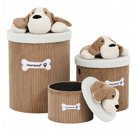 Koš regálový a prádelní - manšestr s pejskem, hnědý, cena za sadu 3 ks