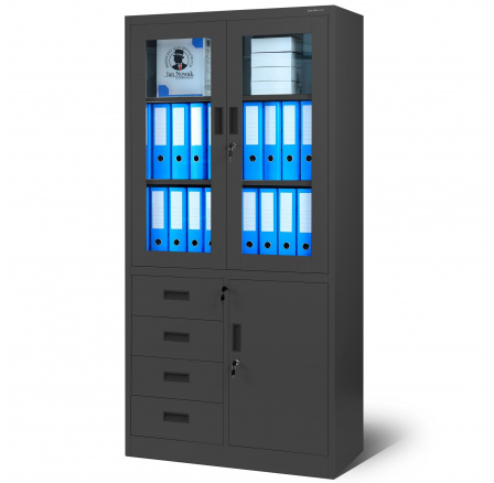 Kancelářská prosklená kovová skříň na dokumenty se zásuvkami WIOLA, 900 x 1850 x 400 mm, antracitová Kancelářská prosklená kovová skříň na dokumenty se zásuvkami WIOLA, 900 x 1850 x 400 mm, antracitová