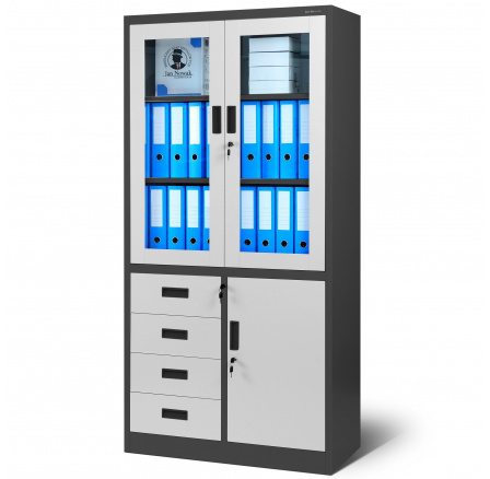 Kancelářská prosklená kovová skříň na dokumenty se zásuvkami WIOLA, 900 x 1850 x 400 mm, antracitově-bílá Kancelářská prosklená kovová skříň na dokumenty se zásuvkami WIOLA, 900 x 1850 x 400 mm, antracitově-bílá