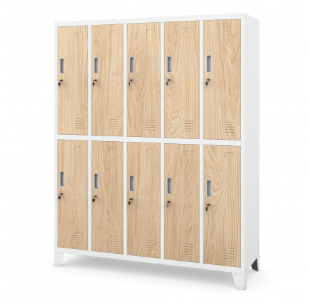 Plechová uzamykatelná šatní skříň s 10 boxy BARTEK, 1360 x 1720 x 450 mm, Eco Design: bílá/dub sonoma