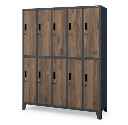 Plechová uzamykatelná šatní skříň s 10 boxy BARTEK, 1360 x 1720 x 450 mm, Eco Design: antracitová/ořech Plechová uzamykatelná šatní skříň s 10 boxy BARTEK, 1360 x 1720 x 450 mm, Eco Design: antracitová/ořech