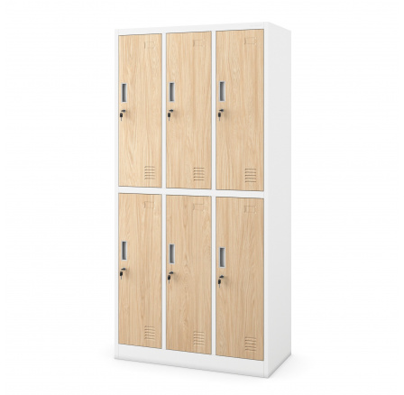 Plechová uzamykatelná šatní skříň s 6 boxy IGOR, 900 x 1850 x 450 mm, Eco Design: bílá/ dub sonoma Plechová uzamykatelná šatní skříň s 6 boxy IGOR, 900 x 1850 x 450 mm, Eco Design: bílá/ dub sonoma