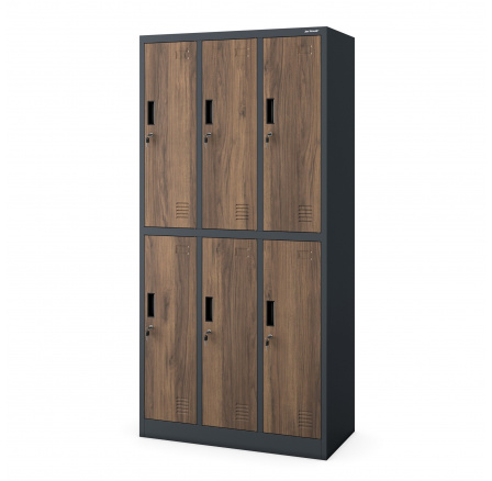 Plechová uzamykatelná šatní skříň s 6 boxy IGOR, 900 x 1850 x 450 mm, Eco Design: antracitová/ořech