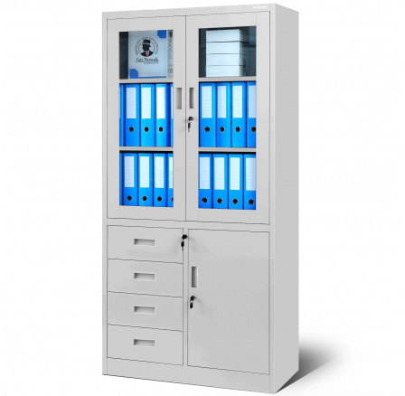 Kancelářská prosklená skříň s šuplíky WIOLA, 900 x 1850 x 400 mm, šedá Kancelářská prosklená skříň s šuplíky WIOLA, 900 x 1850 x 400 mm, šedá