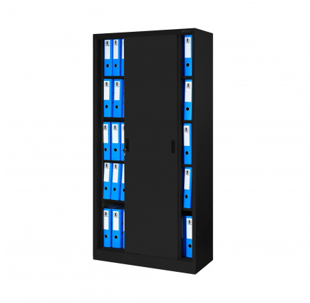 Kovová kancelářská skříň s posuvnými dveřmi KUBA, 900 x 1850 x 400 mm, černá Kovová kancelářská skříň s posuvnými dveřmi KUBA, 900 x 1850 x 400 mm, černá