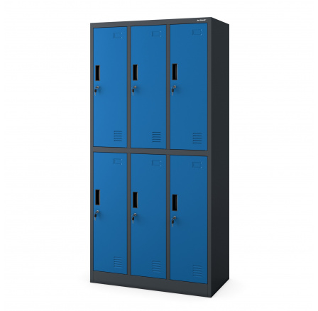 Kovová uzamykatelná šatní skříňka antracitovo-modrá: s 6 boxy IGOR 900 x 1850 x 450 mm Kovová uzamykatelná šatní skříňka antracitovo-modrá: s 6 boxy IGOR 900 x 1850 x 450 mm