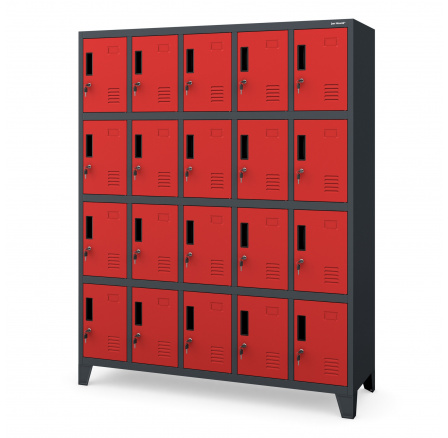 Kovová Plechová uzamykatelná šatní skříň BHP s přihrádkami ROBERT 1360 x 1720 x 450 mm, antracitovo-červená Kovová Plechová uzamykatelná šatní skříň BHP s přihrádkami ROBERT 1360 x 1720 x 450 mm, antracitovo-červená