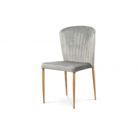 Jídelní židle, stříbrná sametová látka, kovová podnož, 3D dekor dub