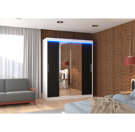 Posuvná skříň se zrcadlem a LED osvětlením DALLAS 180 Bílá+Černá