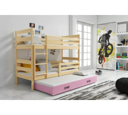 Dětská patrová postel ERYK 3 s přistýlkou 90x200 cm, včetně matrací, Přírodní/Růžová
