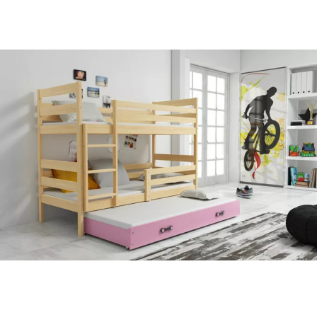 Dětská patrová postel ERYK 3 s přistýlkou 90x200 cm, včetně matrací, Přírodní/Růžová