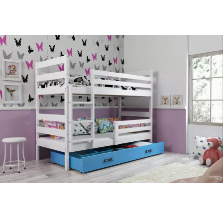 Dětská patrová postel ERYK se šuplíkem 80x190 cm, bez matrací, Bílá/Modrá