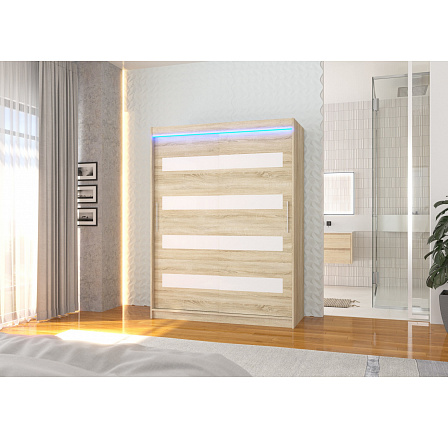 Posuvná skříň s lacobelem a LED osvětlením MARTINEZ 150 Sonoma+Bílý Lacobel Posuvná skříň s lacobelem a LED osvětlením MARTINEZ 150 Sonoma+Bílý Lacobel