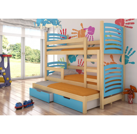 Třílůžková patrová postel s matracemi SORIA Pine+Blue