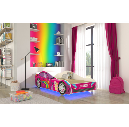 Dětská postel CAR PINK s matrací a LED osvětlením, 160x80 cm