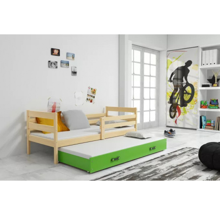 Dětská postel ERYK s přistýlkou 90x200 cm, včetně matrací, Přírodní/Zelená