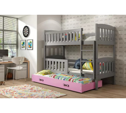Dětská patrová postel KUBUS 3 s přistýlkou 90x200 cm, včetně matrací, Grafit/Růžová