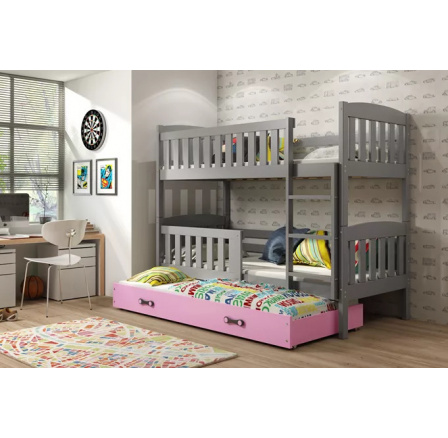 Dětská patrová postel KUBUS 3 s přistýlkou 90x200 cm, včetně matrací, Grafit/Růžová