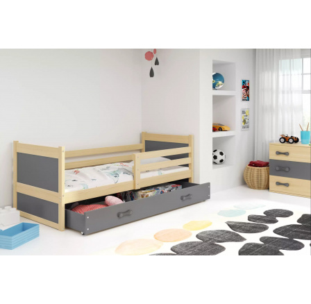 Dětská postel RICO 90x200 cm se šuplíkem, bez matrace, Přírodní/Grafit