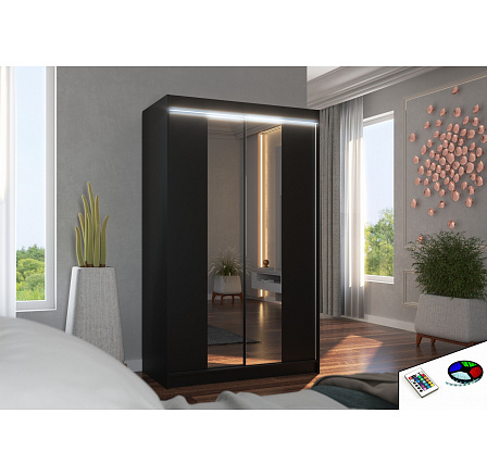 Posuvná skříň se zrcadlem a LED osvětlením MARVIN 120 Černá Posuvná skříň se zrcadlem a LED osvětlením MARVIN 120 Černá