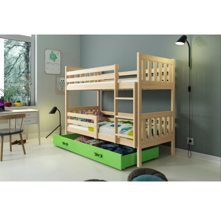 Dětská patrová postel CARINO se šuplíkem 80x160 cm, včetně matrací, Přírodní/Zelená