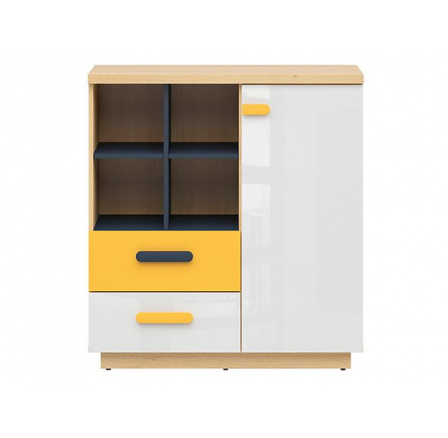 Komoda WESKER KOM1D2S, dub nagano/uni granat/bílý lesk/žlutá