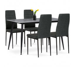 Jídelní set 1+4, stůl 130x70, deska slinutý kámen v imitaci šedého matného mramoru, židle zelená látka, černý lak
