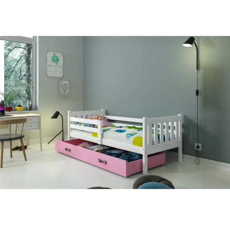Dětská postel CARINO 90x200 cm se šuplíkem, s matrací, Bílá/Růžová