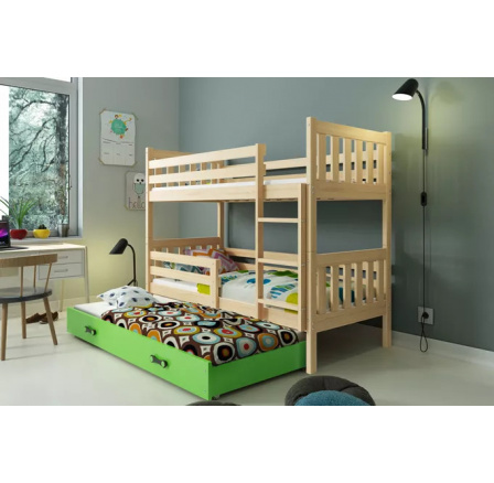 Dětská patrová postel CARINO 3 s přistýlkou 80x190 cm, včetně matrací, Přírodní/Zelená