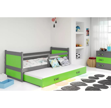 Dětská postel RICO s přistýlkou 90x200 cm, s matracemi, Grafit/Zelená