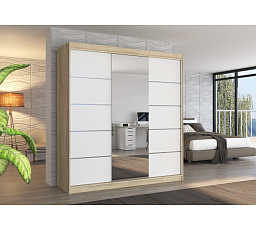 Šatní skříň s posuvnými dveřmi a zrcadlem BERGEN 200 Sonoma+Bílá