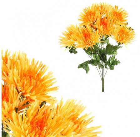 Chryzantéma puget, barva žluto-oranžová, umělá květina.