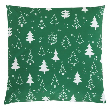 Polštář sametový s výplní, zelený -  bílé stromky, 100% polyester, 45 x 45 cm