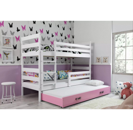 Dětská patrová postel ERYK 3 s přistýlkou 80x160 cm, bez matrací, Bílá/Růžová