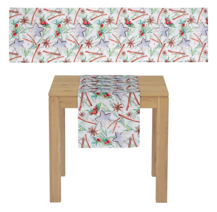 Běhoun s vánočním motivem - bílý podklad, 100% polyester, 40 x 150 cm.