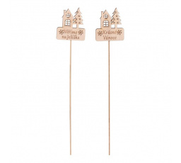 Domeček s nápisem - dřevěný zápich, přírodní, cena za balení (6 ks)