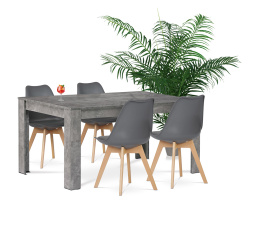 Jídelní set 1+4, stůl 160x90 cm, MDF, dekor beton, židle šedý plast, šedá ekokůže, nohy masiv buk, přírodní odstín