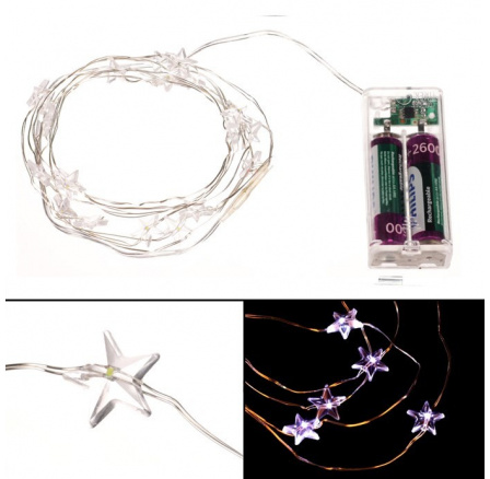 Řetěz s LED světýlky - časovač, hvězdičky, studená bílá barva, 2 m/20 LED