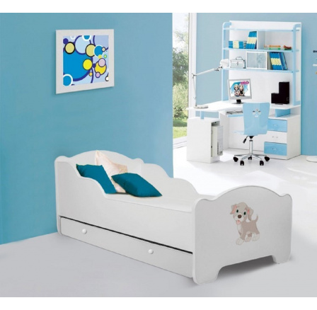Dětská postel AMADIS se šuplíkem a matrací 140x70 cm, Bílá/Dog