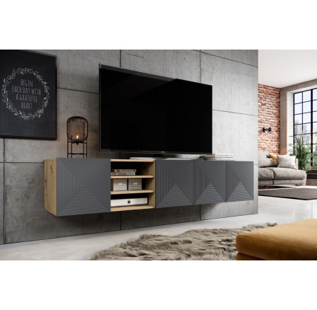 Závěsná TV skříňka 200 cm Asha s drážkováním a výklenkem - artisan / rivier stone matná
