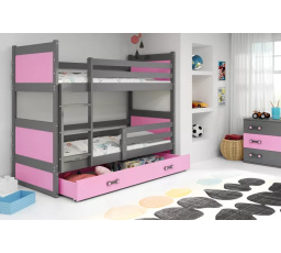 Dětská patrová postel RICO se šuplíkem 90x200 cm, včetně matrací, Grafit/Růžová
