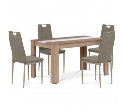 Jídelní set 1+4, stůl 138x80 cm, MDF dub sonoma, židle cappucino. látka a lak