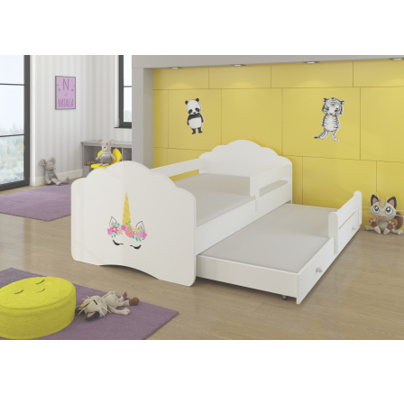 Dětská postel s přistýlkou, matracemi a zábranou CASIMO II, 160x80 cm, Bílá/Unicorn