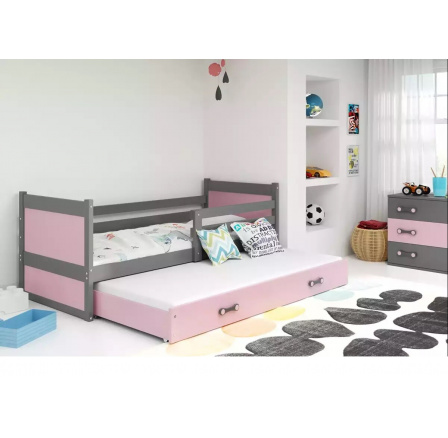Dětská postel RICO s přistýlkou 90x190 cm, s matracemi, Grafit/Růžová