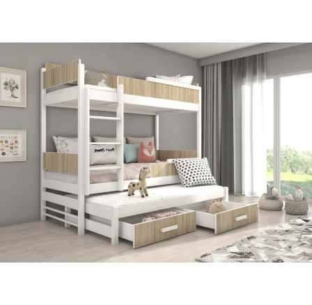 Třílůžková patrová postel QUEEN 180x80 Bílá+Sonoma