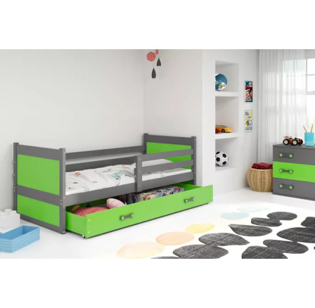 Dětská postel RICO 90x200 cm se šuplíkem, s matrací, Grafit/Zelená