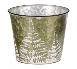 Obal z kovu na květiny, v  zelené barvě s kapradím.