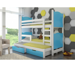 Dětská patrová postel LETICIA s výsuvem a se šuplíky, včetně matrací, Bílá/Modrá